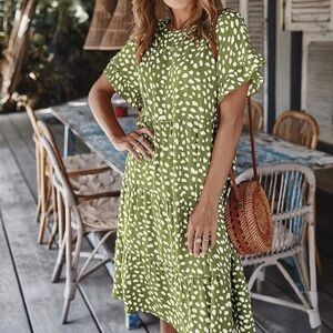 Womens Floral Print Ruffle Short Sleeve Loose Swing Midi Dress Summer